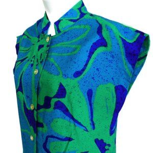 Vintage 60s Sun Fashion of Hawaii Tunic Mod Blue Mandarin Band Collar Bark Cloth